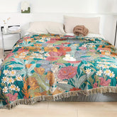 Patchwork floral throw blanket boho with fringes for sofa